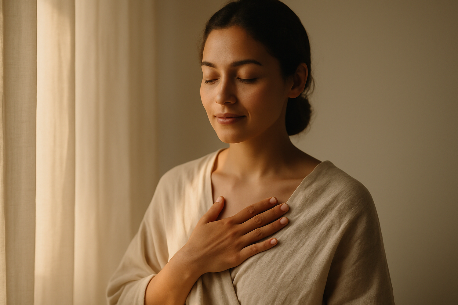 Daily Mindset. Peaceful woman with hand on heart, representing emotional wellbeing and mindful self-connection.